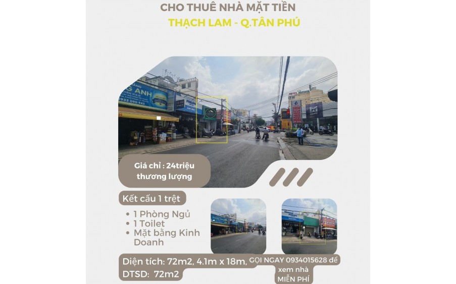 Cho thuê nhà Mặt Tiền Thạch Lam 72m2, 24 triệu, cạnh ngã tư